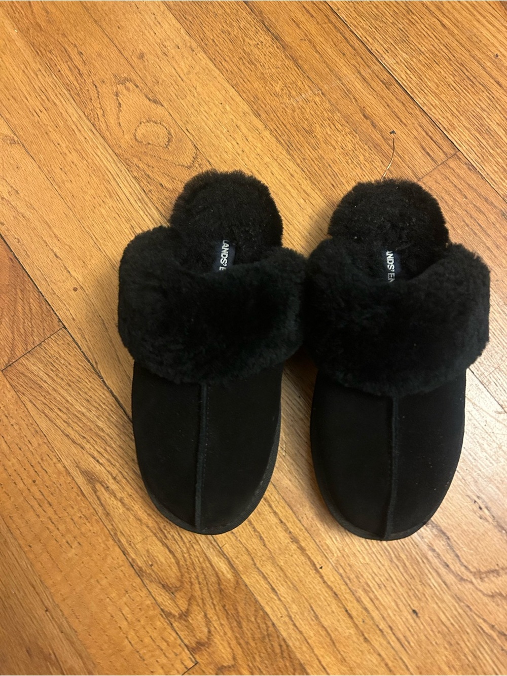 Lands End Sued Black Slippers